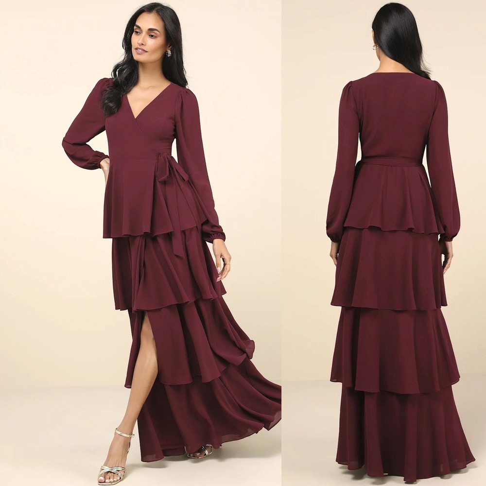 NWT Lulus Marvelous Grace Plum‎ Long Sleeve Tiered Wrap Maxi Dress Maroon S